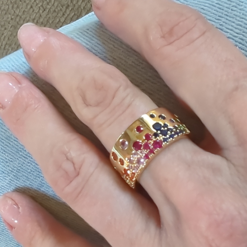 Gold Multi-Color Rainbow Pride Gemstone Ring Size 7